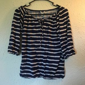 Navy blue & white striped 3/4 length sleeve blouse